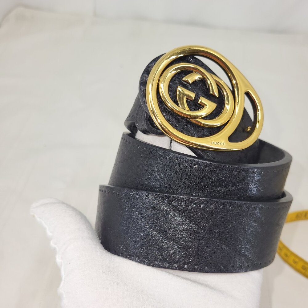 GUCCI Black Leather Belt Gold Tone GG Buckle & COA